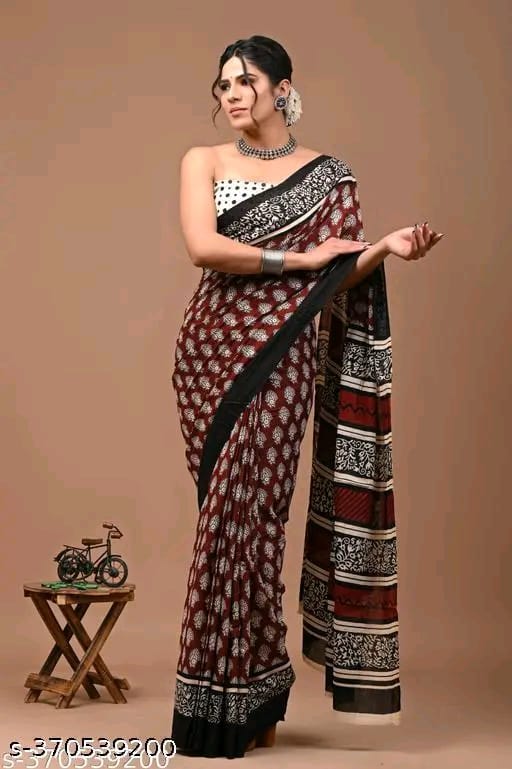 SM Women Cotton Printed Saree with Printed Blouse
