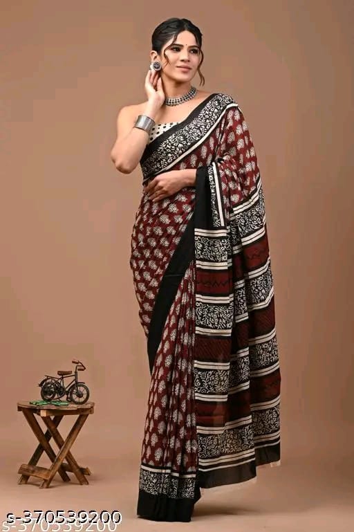 SM Women Cotton Printed Saree with Printed Blouse