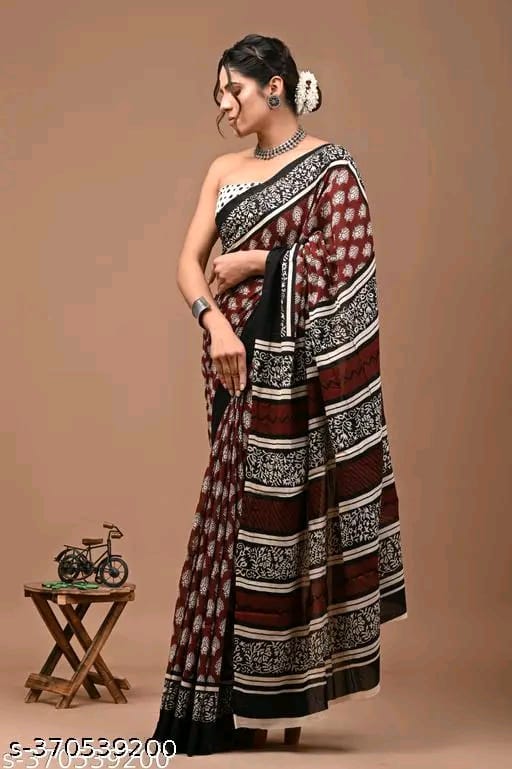 SM Women Cotton Printed Saree with Printed Blouse