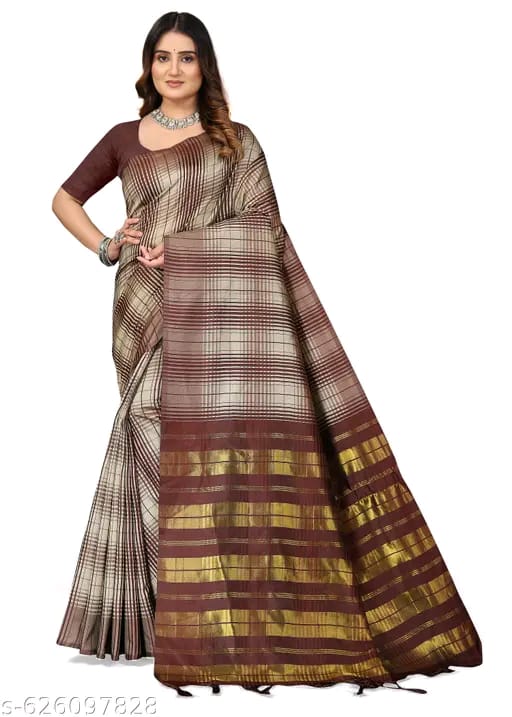 SM Women Cotton Blend Checked Saree with Solid Blouse