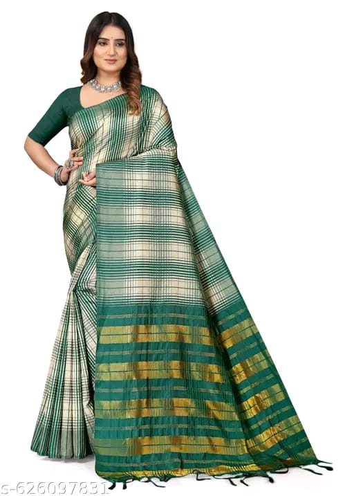 SM Women Cotton Blend Checked Saree with Solid Blouse