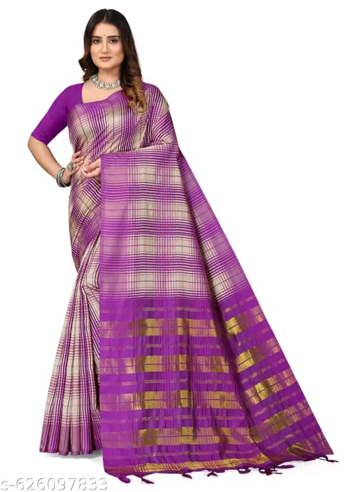 SM Women Cotton Blend Checked Saree with Solid Blouse