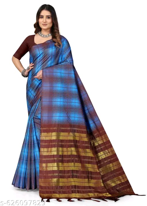 SM Women Cotton Blend Checked Saree with Solid Blouse