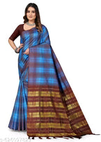 SM Women Cotton Blend Checked Saree with Solid Blouse