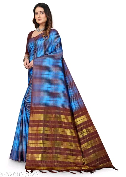 SM Women Cotton Blend Checked Saree with Solid Blouse