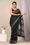 SM Women Cotton Linen Printed Saree with Solid Blouse