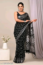 SM Women Cotton Linen Printed Saree with Solid Blouse
