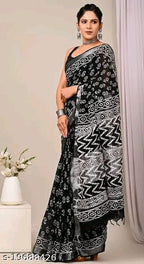 SM Women Cotton Linen Printed Saree with Solid Blouse