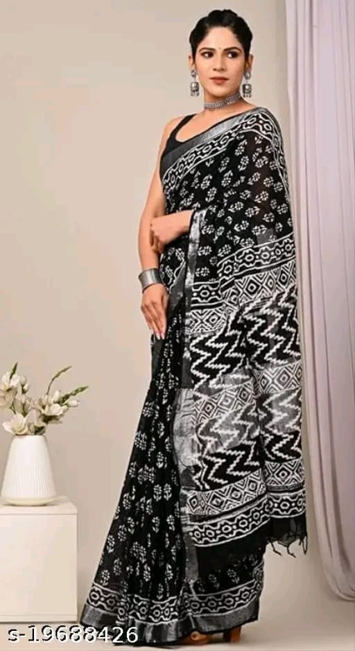 SM Women Cotton Linen Printed Saree with Solid Blouse