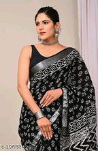SM Women Cotton Linen Printed Saree with Solid Blouse