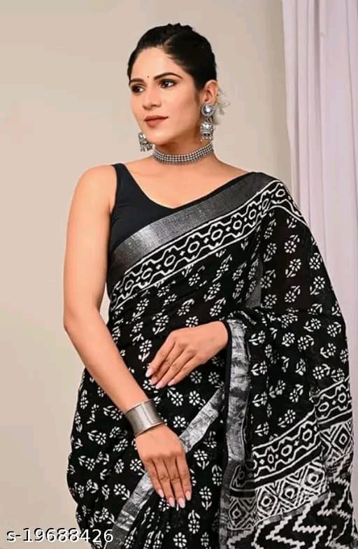 SM Women Cotton Linen Printed Saree with Solid Blouse