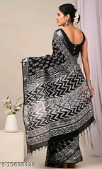 SM Women Cotton Linen Printed Saree with Solid Blouse