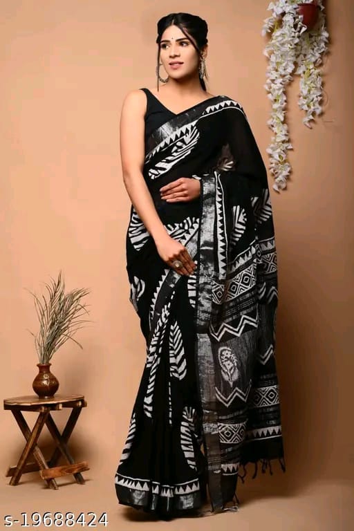 SM Women Cotton Linen Printed Saree with Solid Blouse