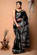 SM Women Cotton Linen Printed Saree with Solid Blouse