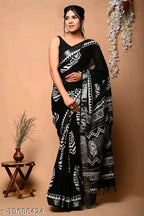 SM Women Cotton Linen Printed Saree with Solid Blouse