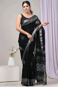 SM Women Cotton Linen Printed Saree with Solid Blouse