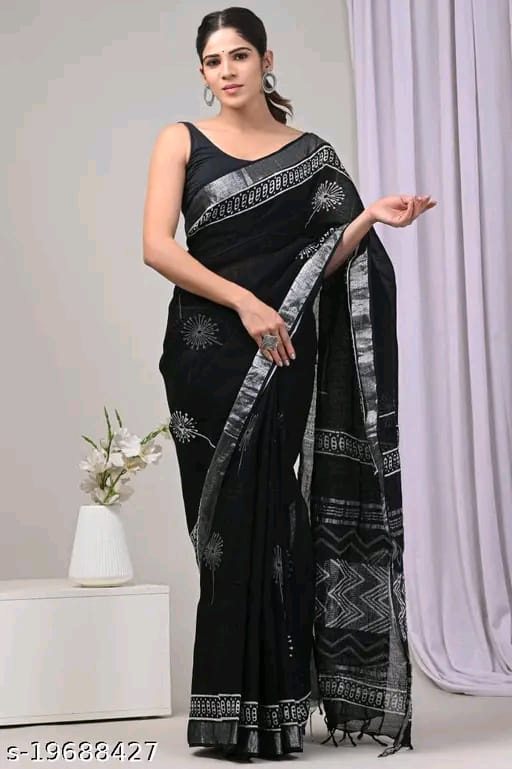 SM Women Cotton Linen Printed Saree with Solid Blouse
