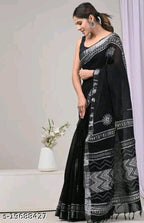 SM Women Cotton Linen Printed Saree with Solid Blouse