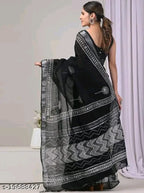 SM Women Cotton Linen Printed Saree with Solid Blouse