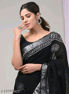 SM Women Cotton Linen Printed Saree with Solid Blouse