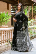 SM Women Cotton Linen Printed Saree with Solid Blouse