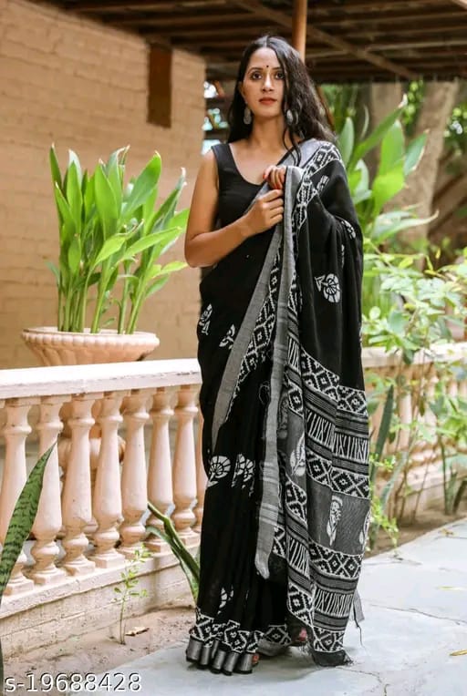 SM Women Cotton Linen Printed Saree with Solid Blouse