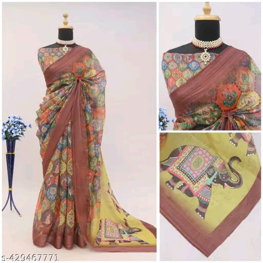 SM Women Cotton Linen Printed Saree