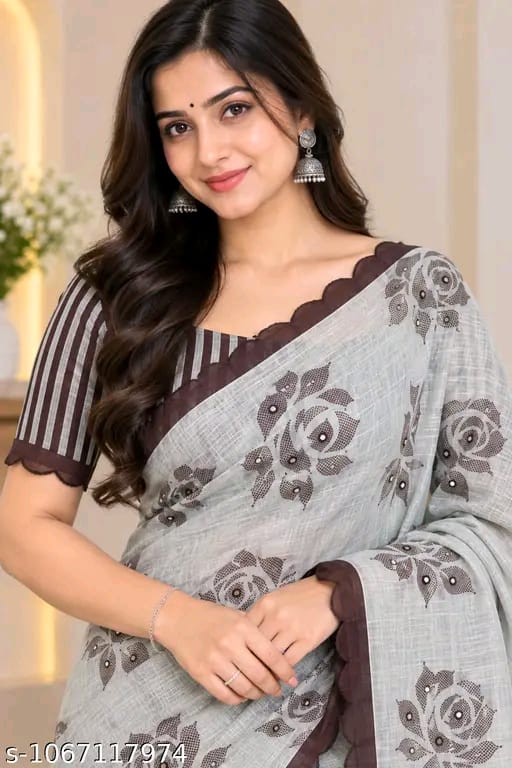 SM Women Cotton Linen Embellished Saree