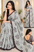 SM Women Cotton Linen Embellished Saree