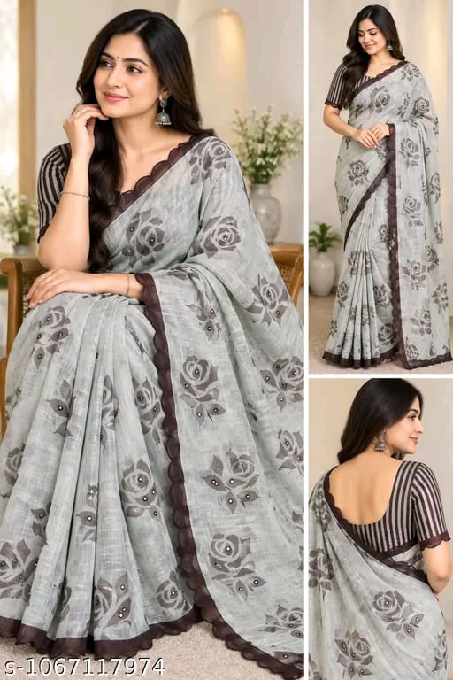 SM Women Cotton Linen Embellished Saree