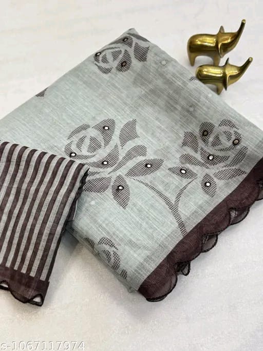 SM Women Cotton Linen Embellished Saree