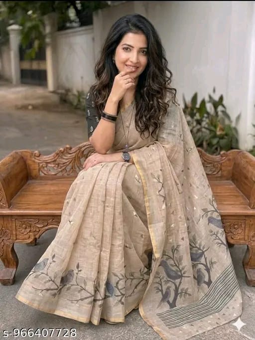 SM Women Cotton Linen Printed Saree