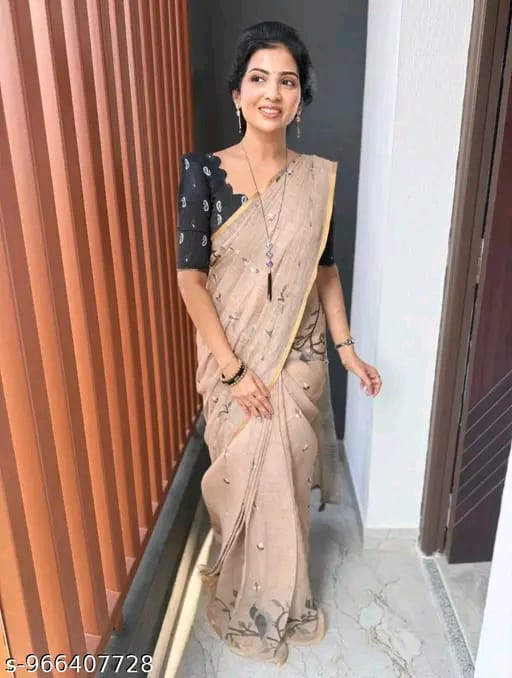 SM Women Cotton Linen Printed Saree
