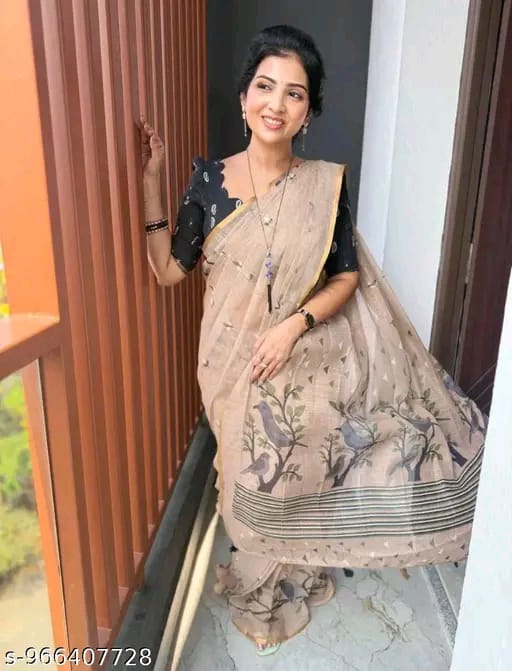 SM Women Cotton Linen Printed Saree