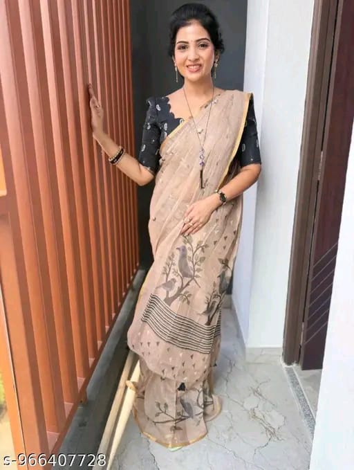 SM Women Cotton Linen Printed Saree