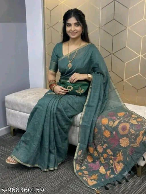 SM Women Cotton Linen Solid Saree