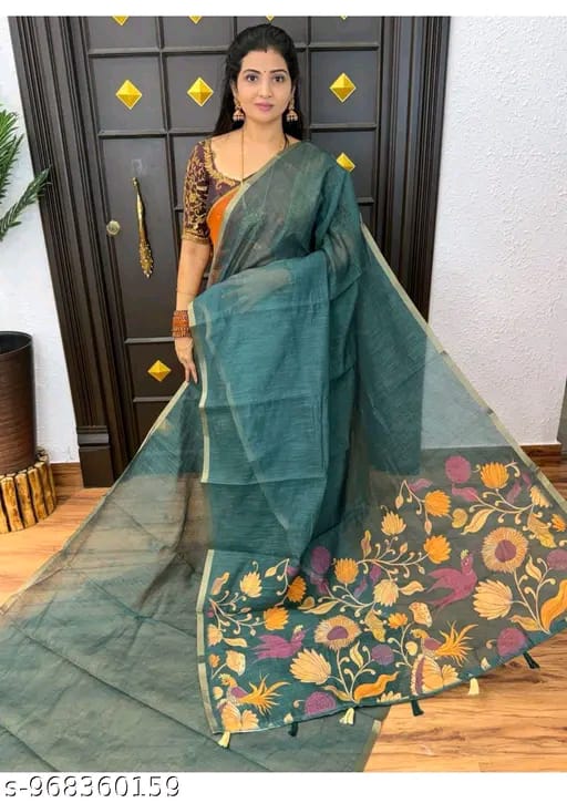 SM Women Cotton Linen Solid Saree