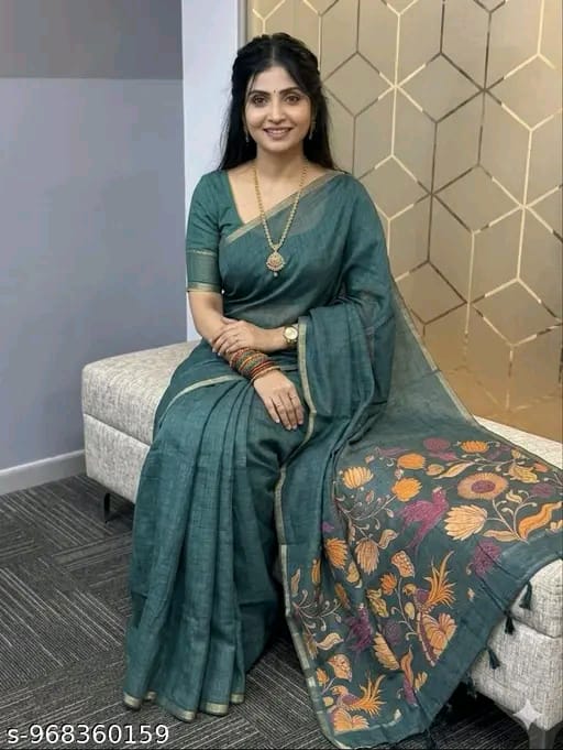 SM Women Cotton Linen Solid Saree