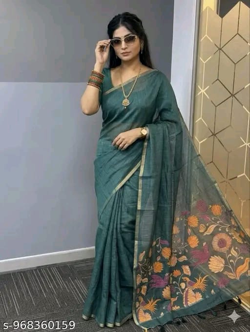 SM Women Cotton Linen Solid Saree
