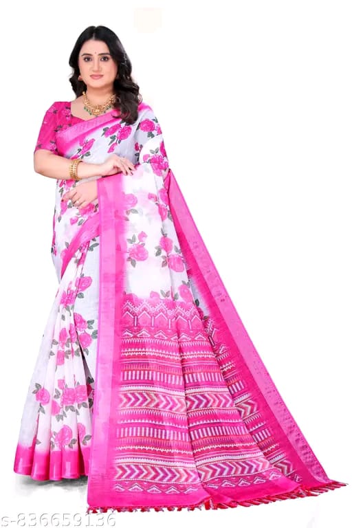 SM Women Cotton Linen Printed Saree