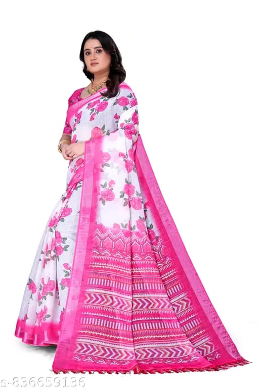 SM Women Cotton Linen Printed Saree