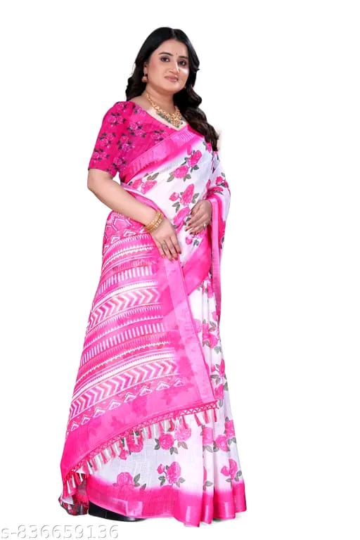 SM Women Cotton Linen Printed Saree
