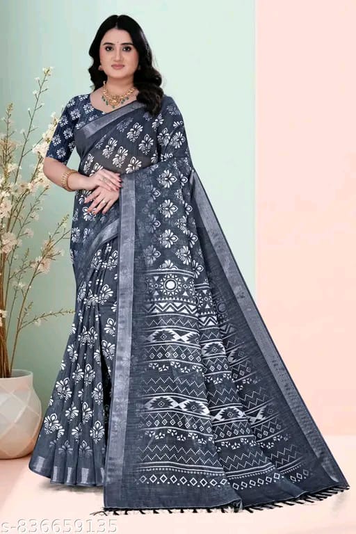 SM Women Cotton Linen Printed Saree