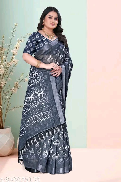 SM Women Cotton Linen Printed Saree