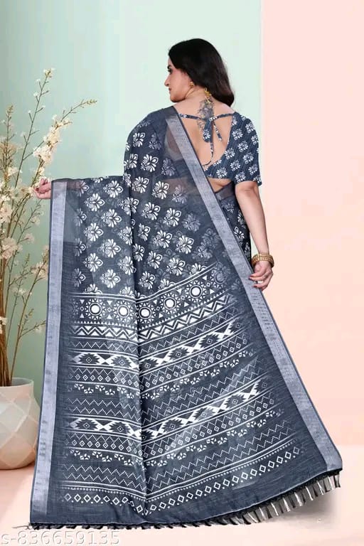 SM Women Cotton Linen Printed Saree