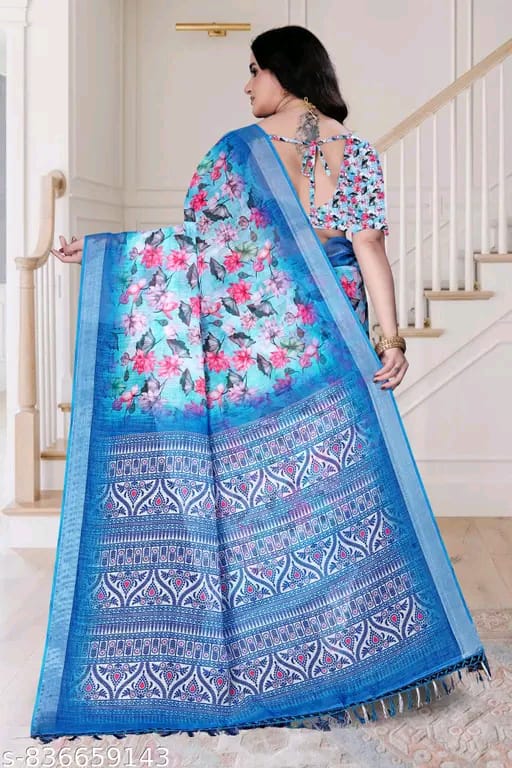 SM Women Cotton Linen Printed Saree