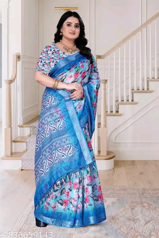 SM Women Cotton Linen Printed Saree