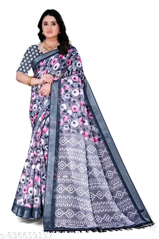 SM Women Cotton Linen Printed Saree
