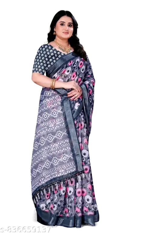 SM Women Cotton Linen Printed Saree
