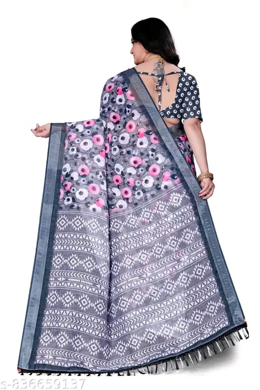 SM Women Cotton Linen Printed Saree